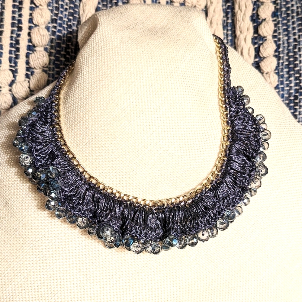 Blue Ruffle Crochet and Beaded Necklace Bib Choker Costume Jewelry Boho Artisan